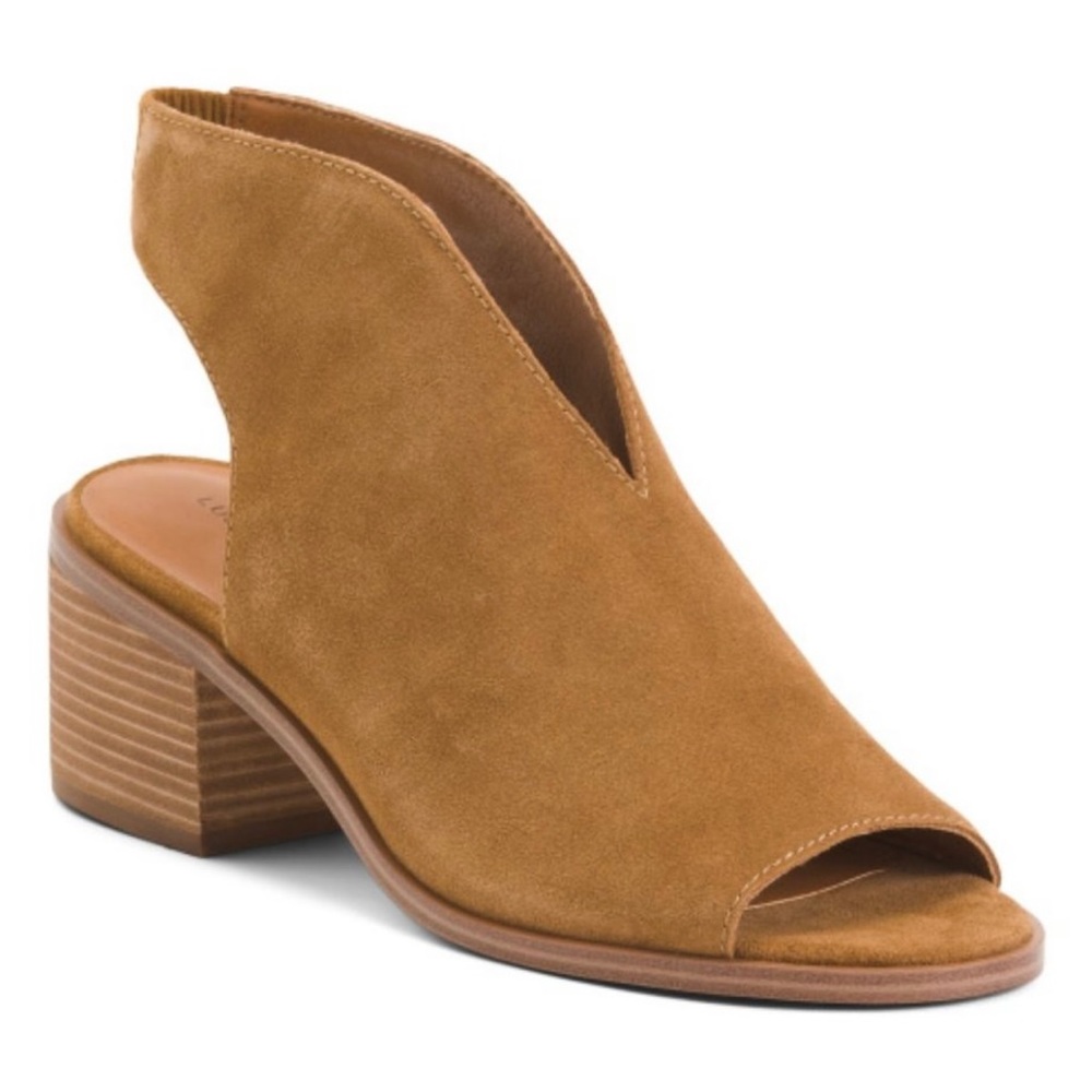 LUCKY BRAND Tan Oiled Suede Open Toe Stacked Heel Size 7